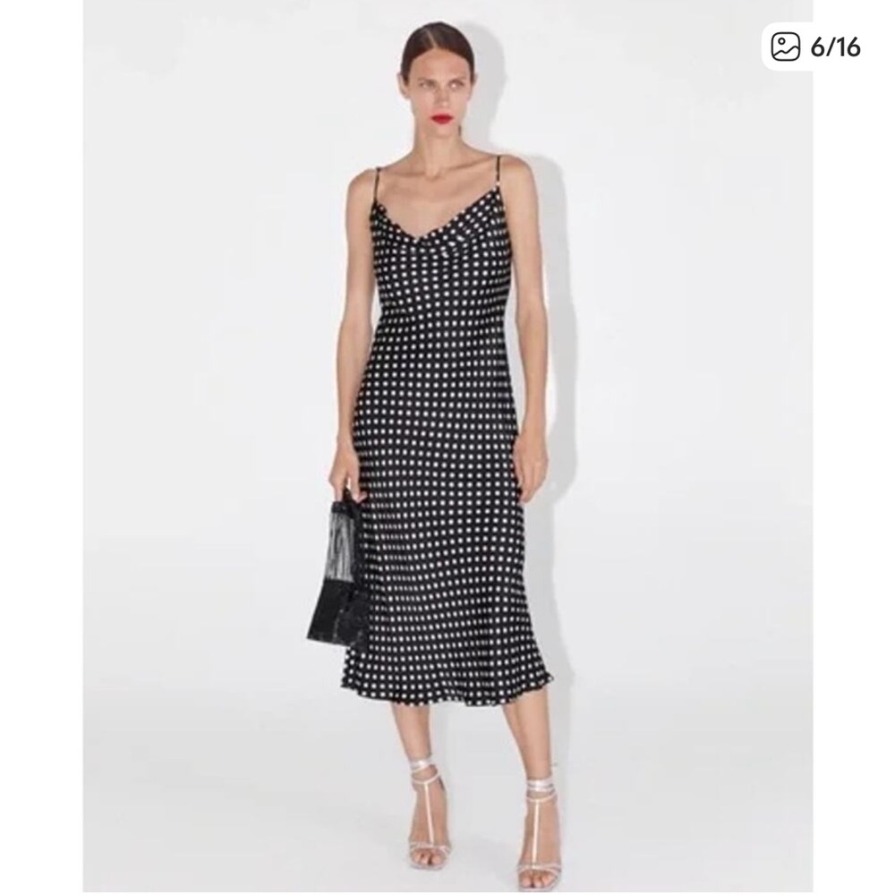 Zara Black and White Polka Dot Maxi Cowel slip Dress small